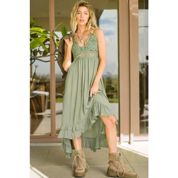 La‎ Meil Crochet Dress - Size L - Asymmetric Ruffle Hem, Double Cross Straps - Picture 2 of 9